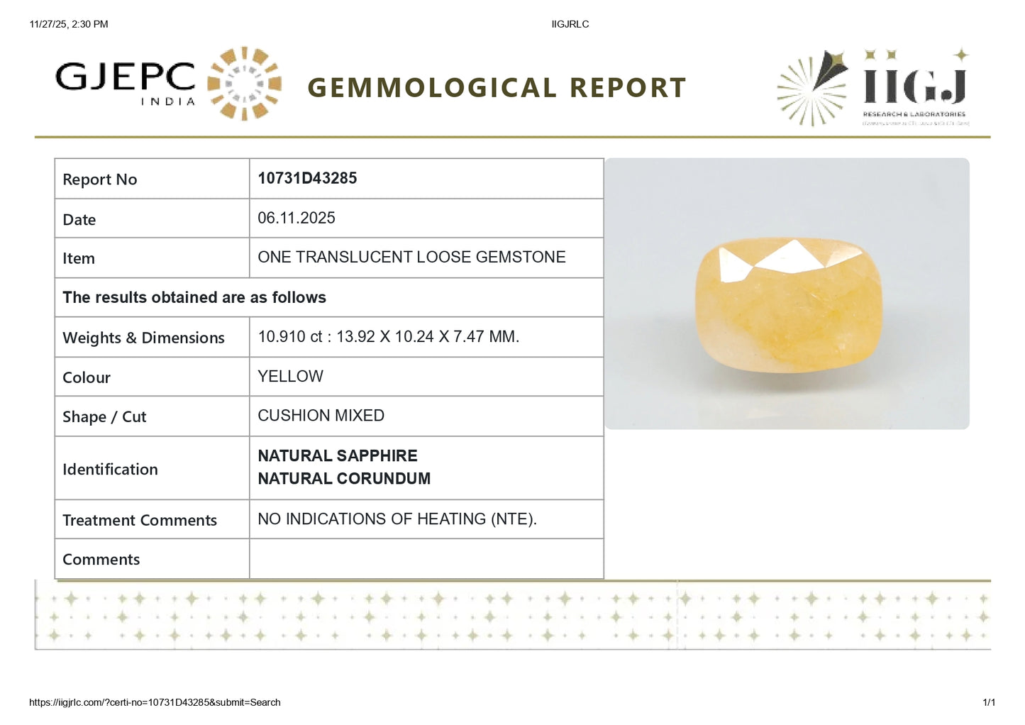 Natural Yellow Sapphire (Pukhraj) 10.91 Carats