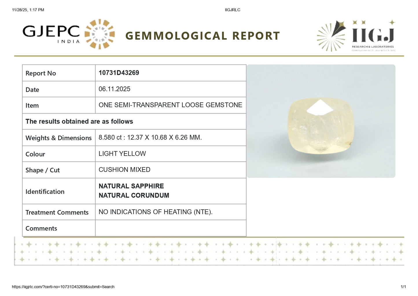 Natural Yellow Sapphire (Pukhraj) 8.58 Carats