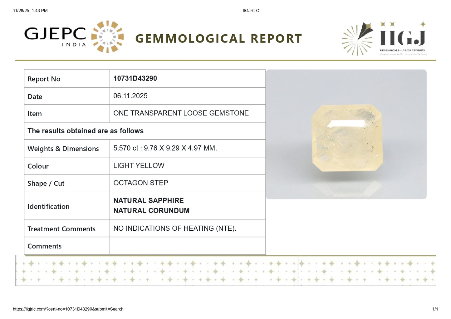 Natural Yellow Sapphire (Pukhraj) 5.57 Carats
