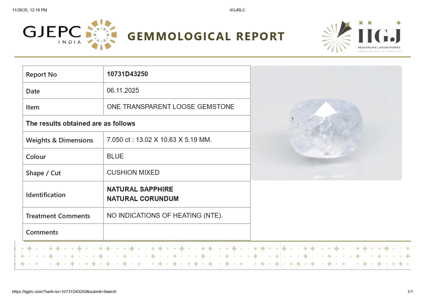 Natural Blue Sapphire (Neelam) 7.05 Carats