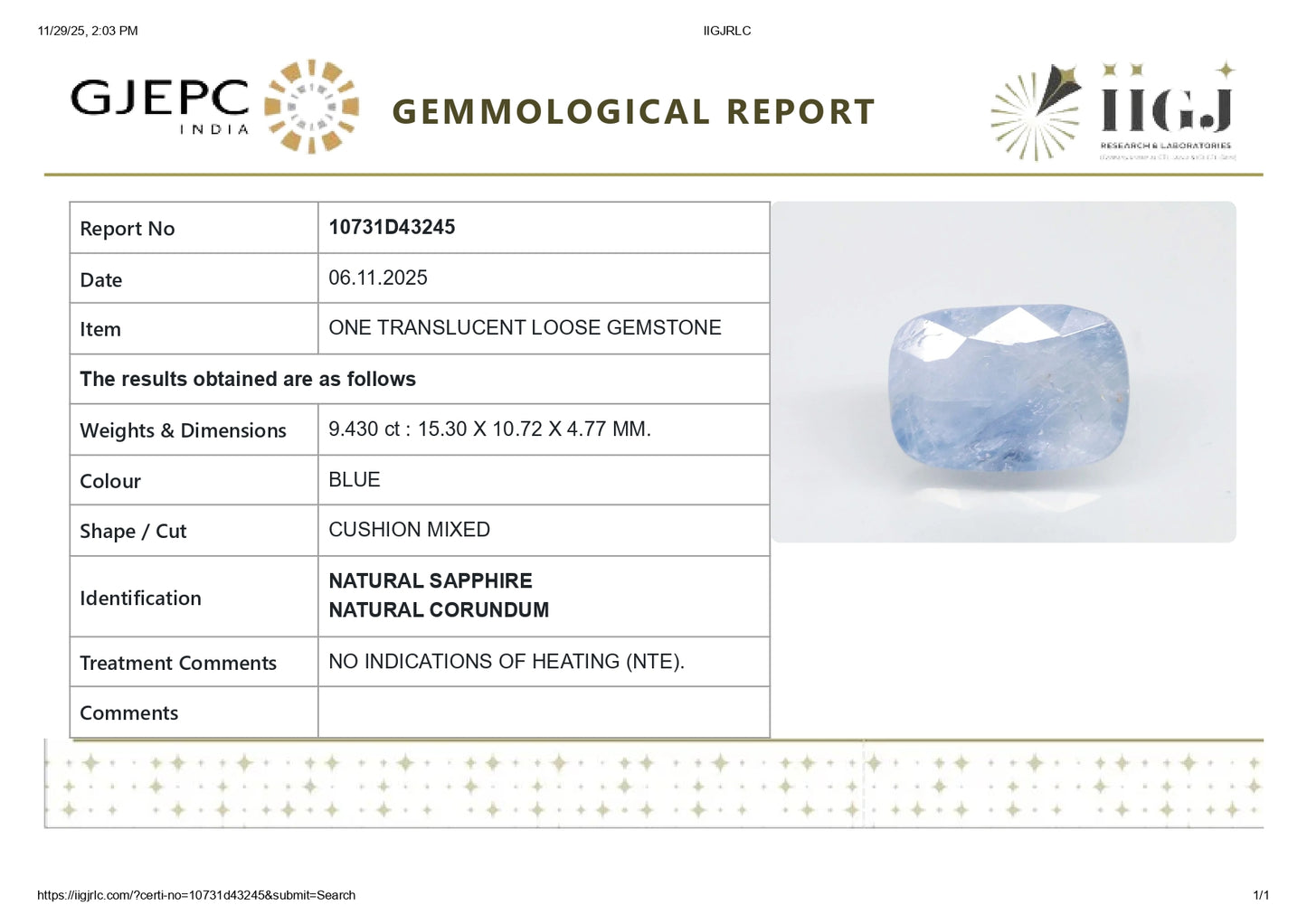 Natural Blue Sapphire (Neelam) 9.43 Carats