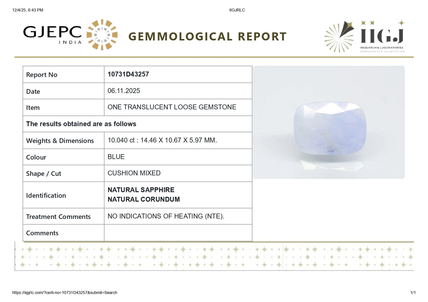Natural Blue Sapphire (Neelam) 10.04 Carats