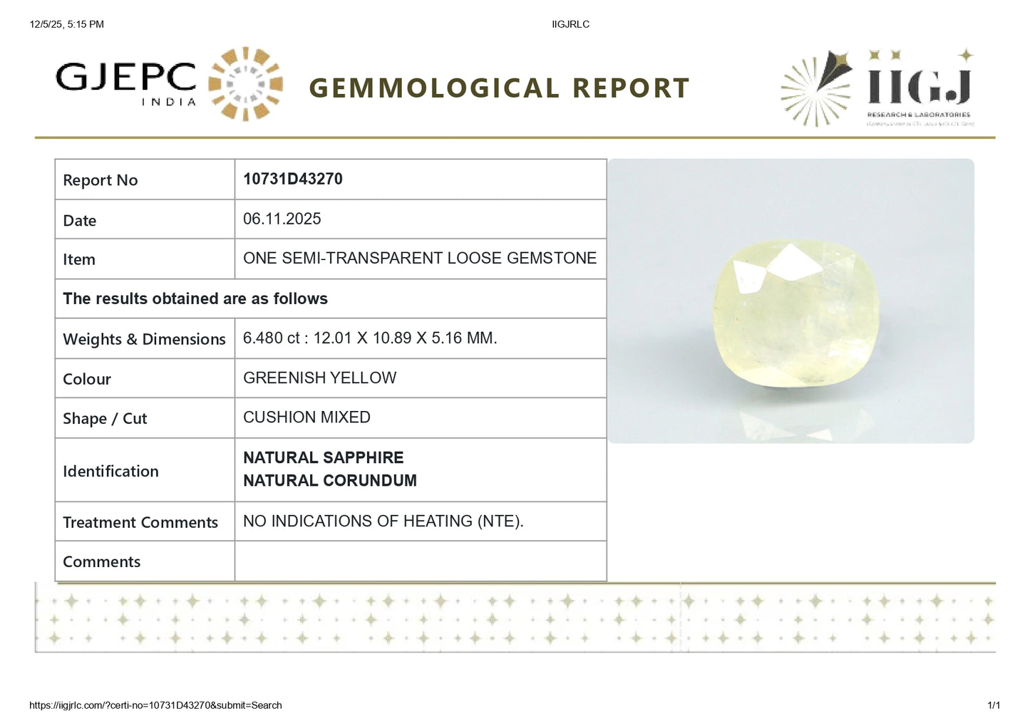 Natural Yellow Sapphire (Pukhraj) 6.48 Carats
