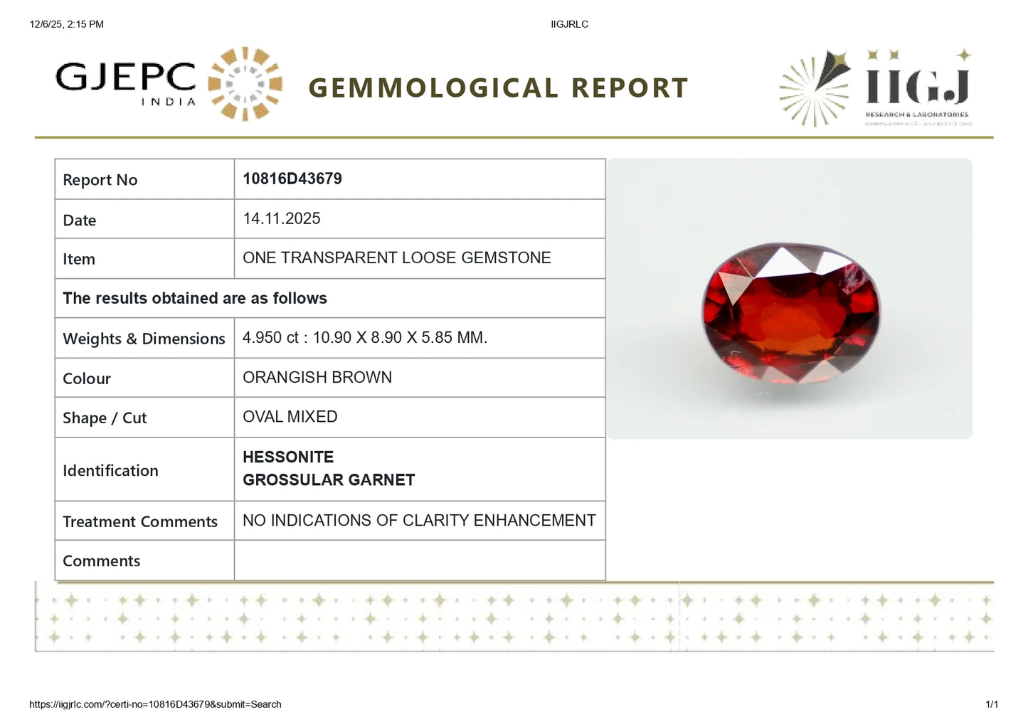 NATURAL HESSONITE (GOMED) 4.95 CARATS