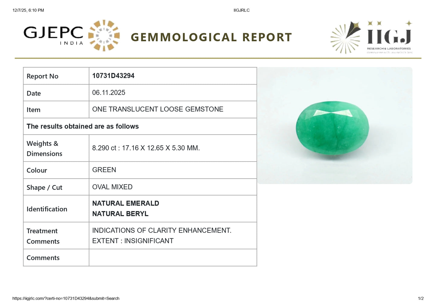 Natural Zambian Emerald (Panna) 8.29 Carats
