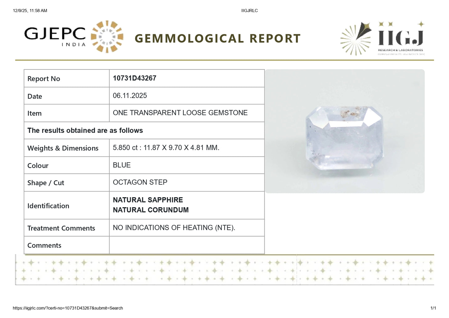 Natural Blue Sapphire (Neelam) 5.85 Carats