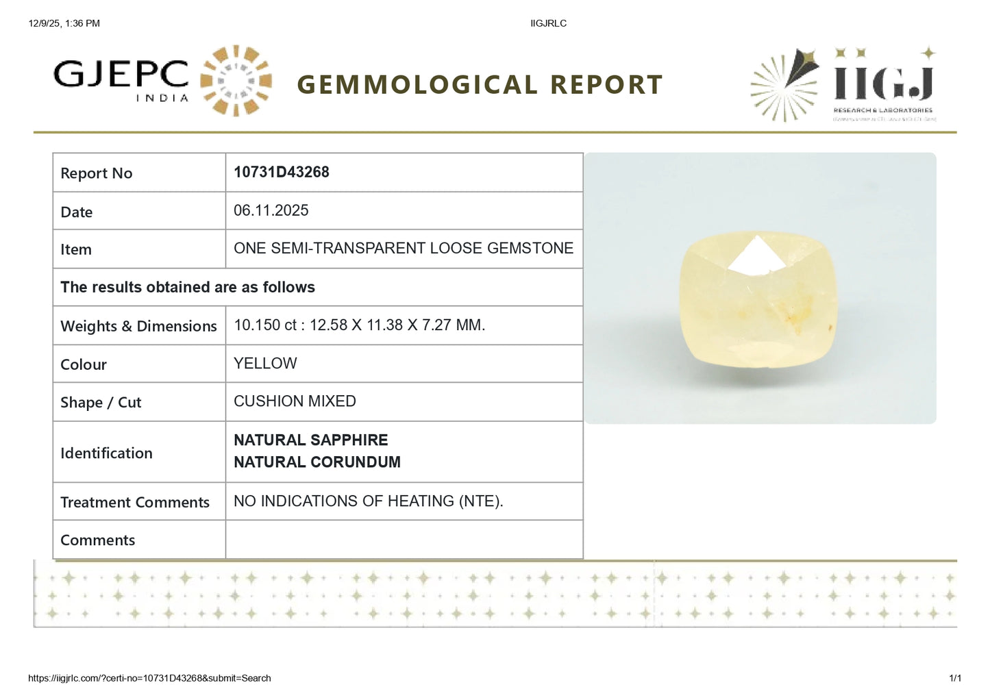 Natural Yellow Sapphire (Pukhraj) 10.15 Carats