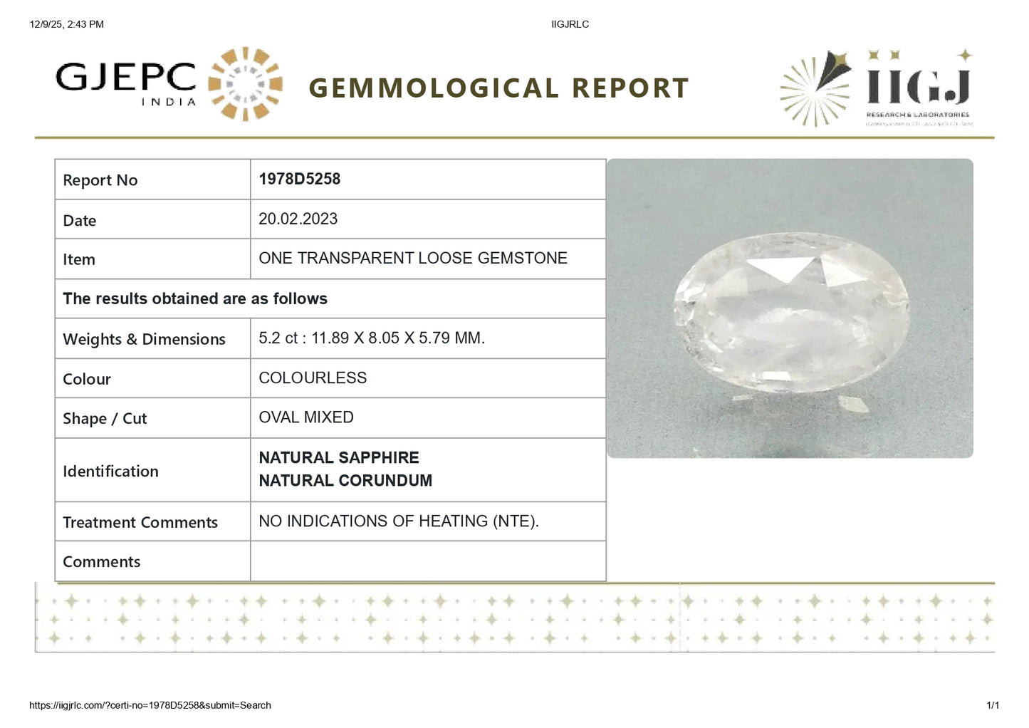Natural White Sapphire 5.20 Carats