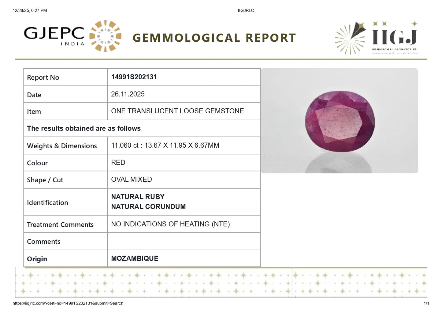 Natural Mozambique Ruby (Manik) 11.06 Carats