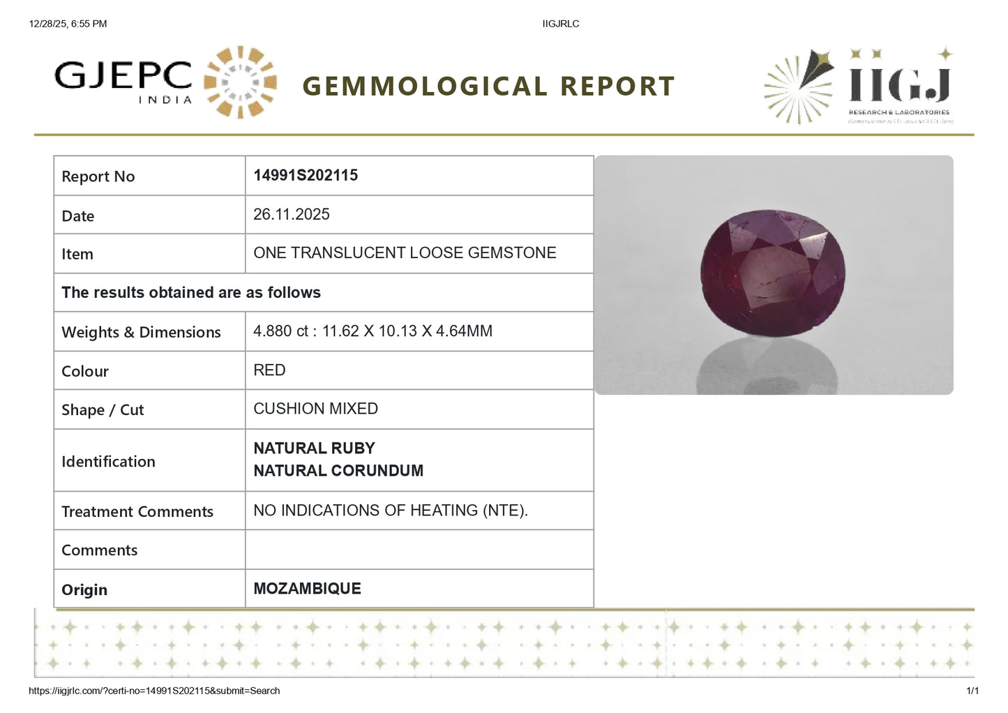 Natural Mozambique Ruby (Manik) 4.88 Carats