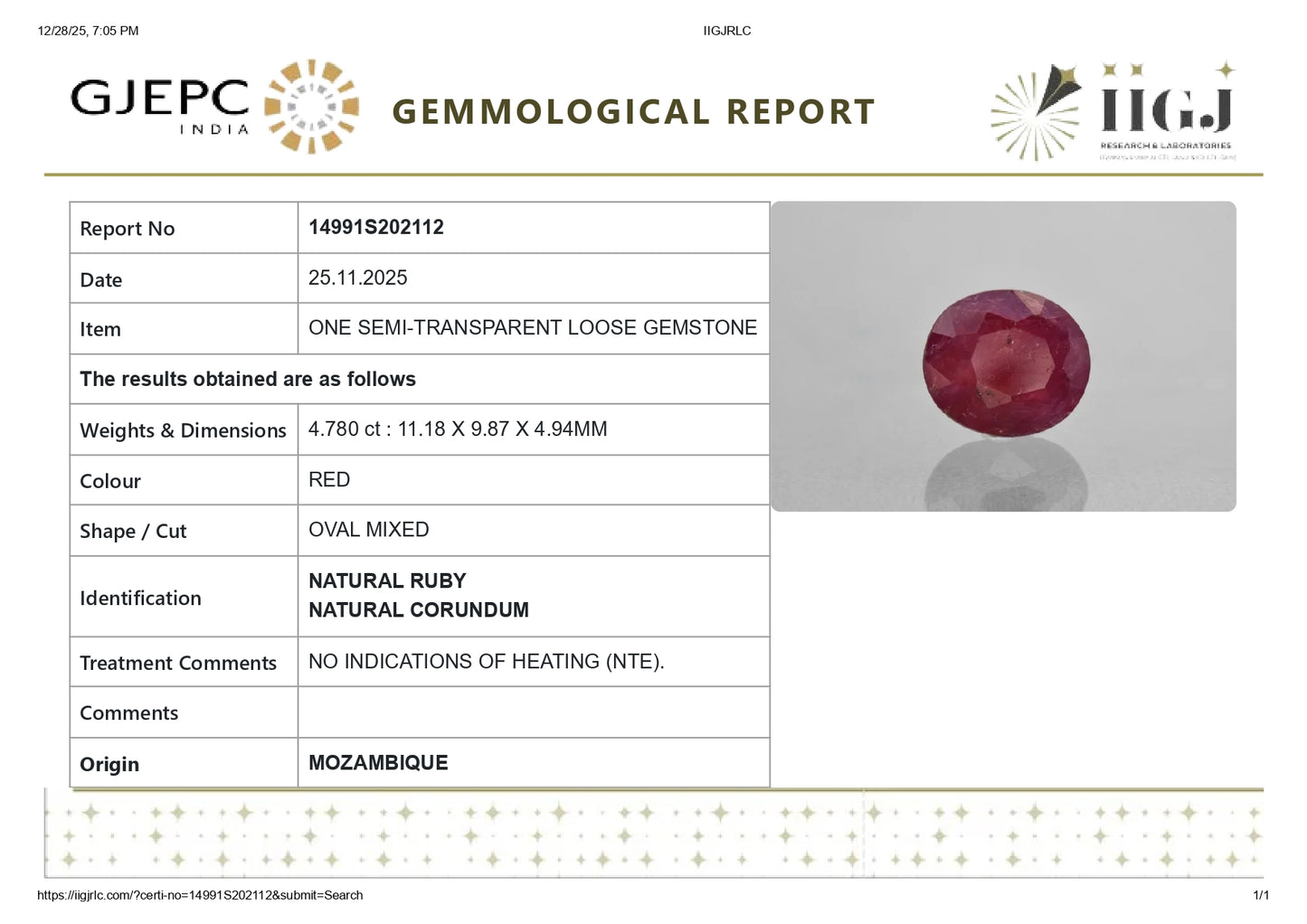 Natural Mozambique Ruby (Manik) 4.78 Carats