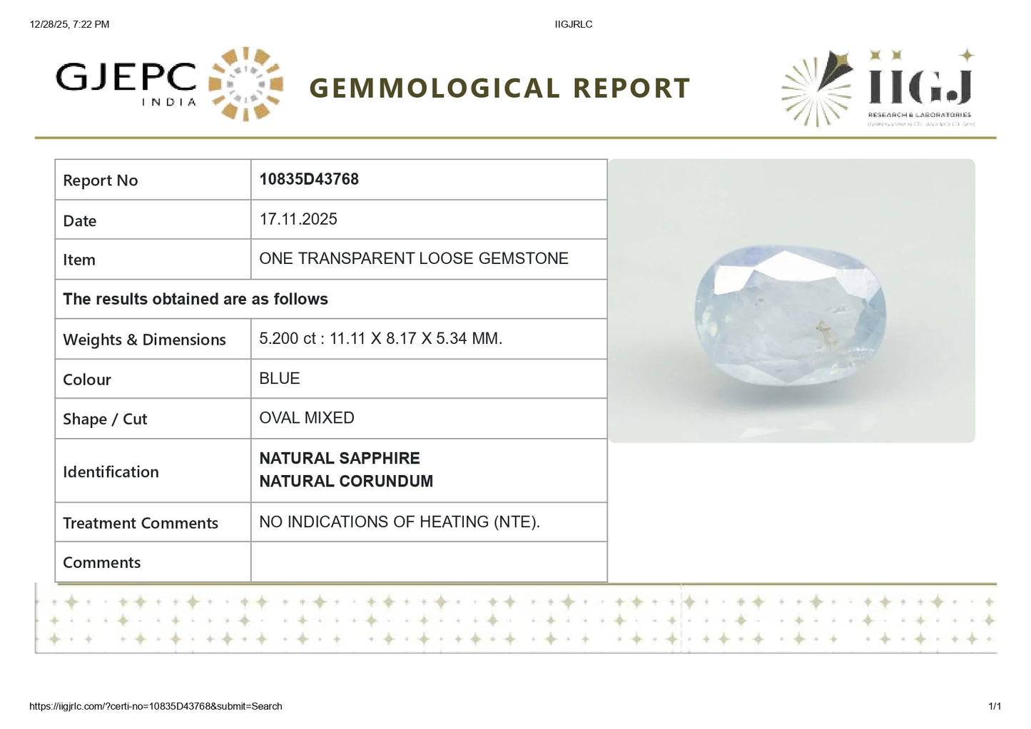 NATURAL BLUE SAPPHIRE (NEELAM) 5.20 CARATS