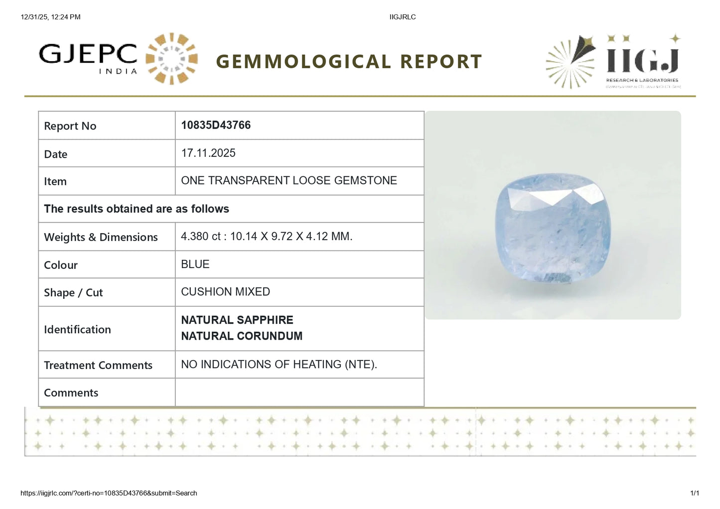 Natural Blue Sapphire (Neelam) 4.38 Carats