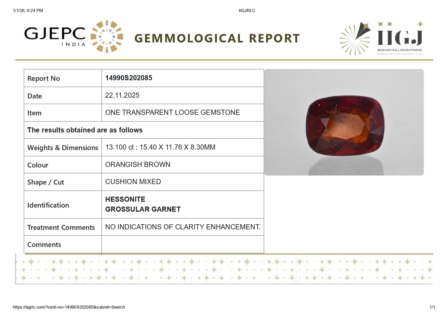 Natural Sri-Lankan Hessonite (Gomed) 13.10 Carats