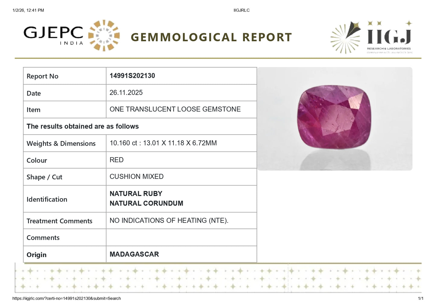 Natural Ruby (Manik) 10.16 Carats