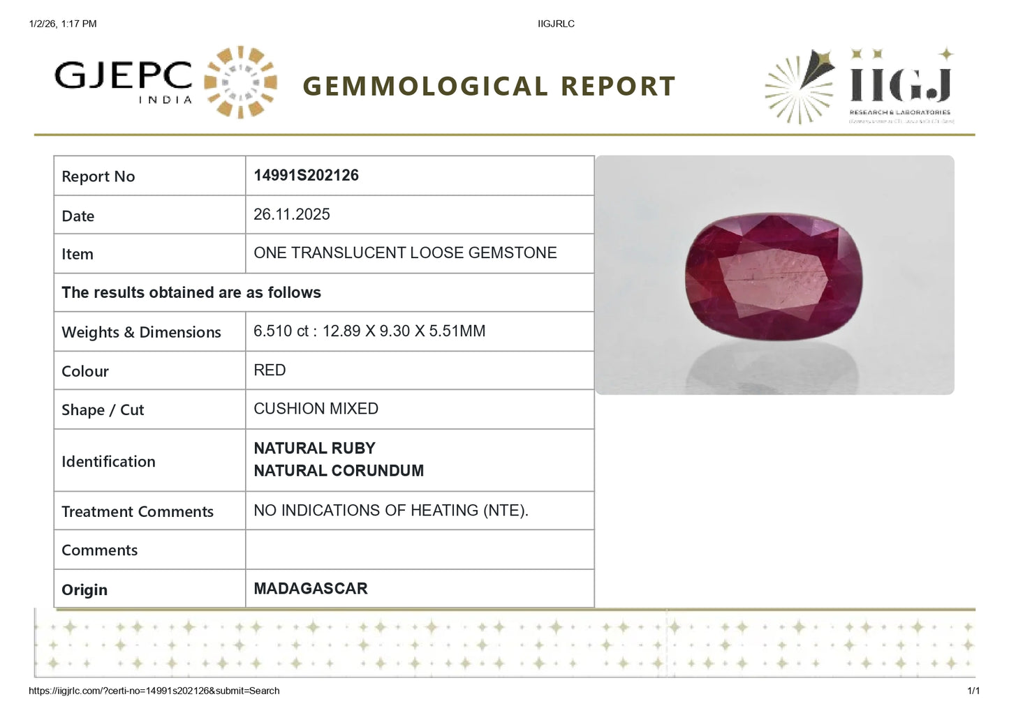 Natural Ruby (Manik) 6.51 Carats