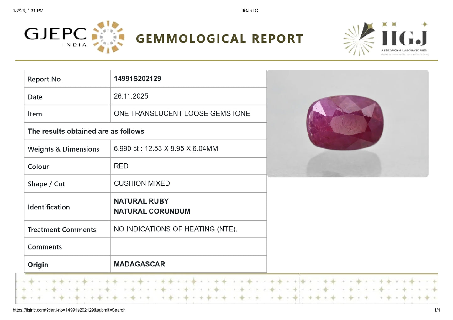 Natural Madagascar Ruby (Manik) 6.99 Carats