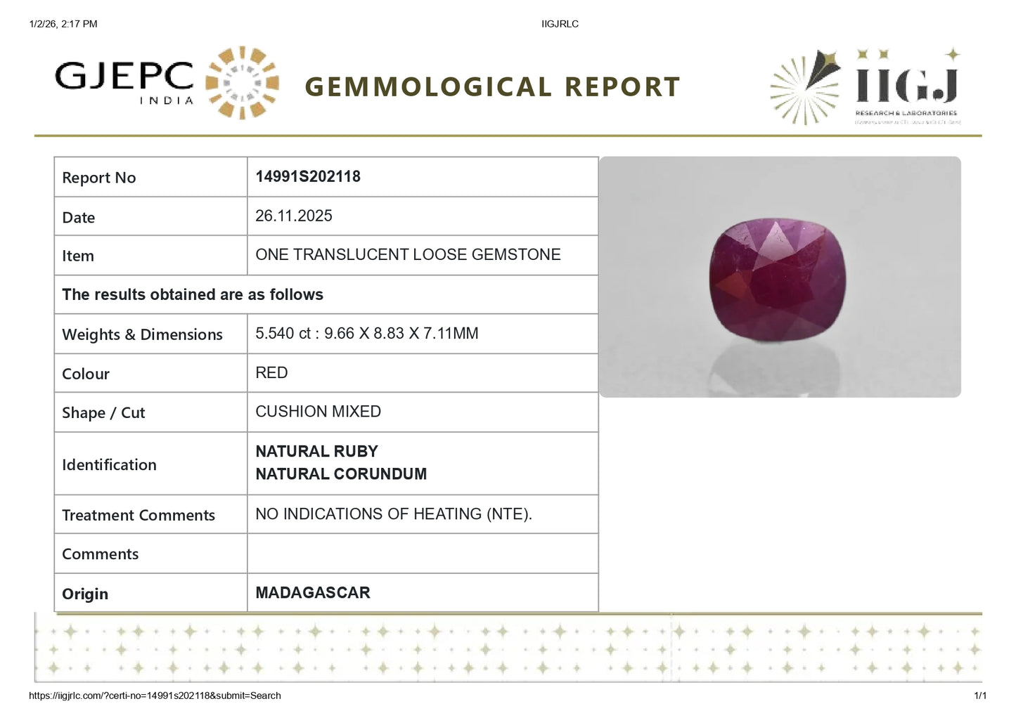 Natural Madagascar Ruby (Manik) 5.54 Carats