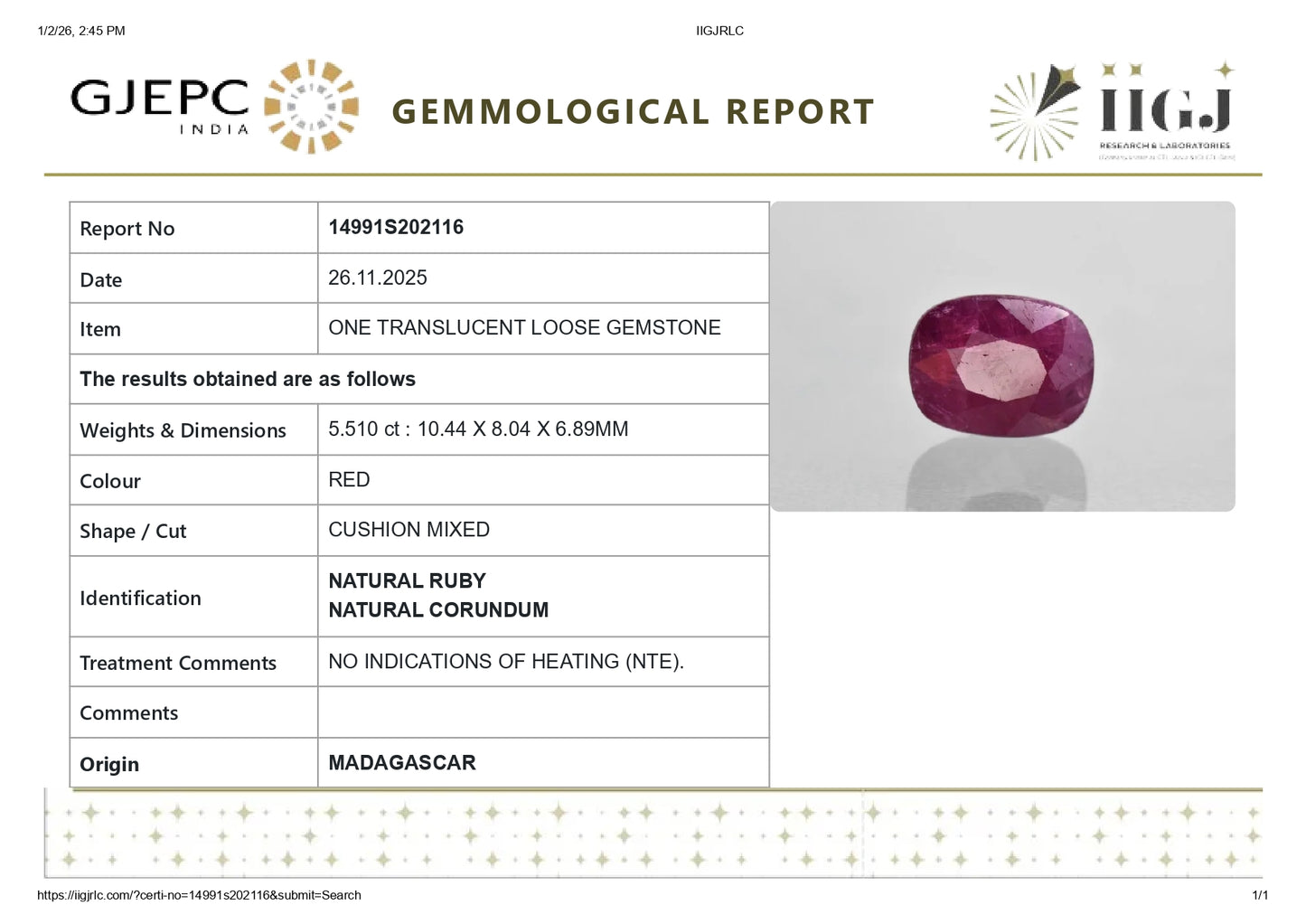 Natural Madagascar Ruby (Manik) 5.51 Carats