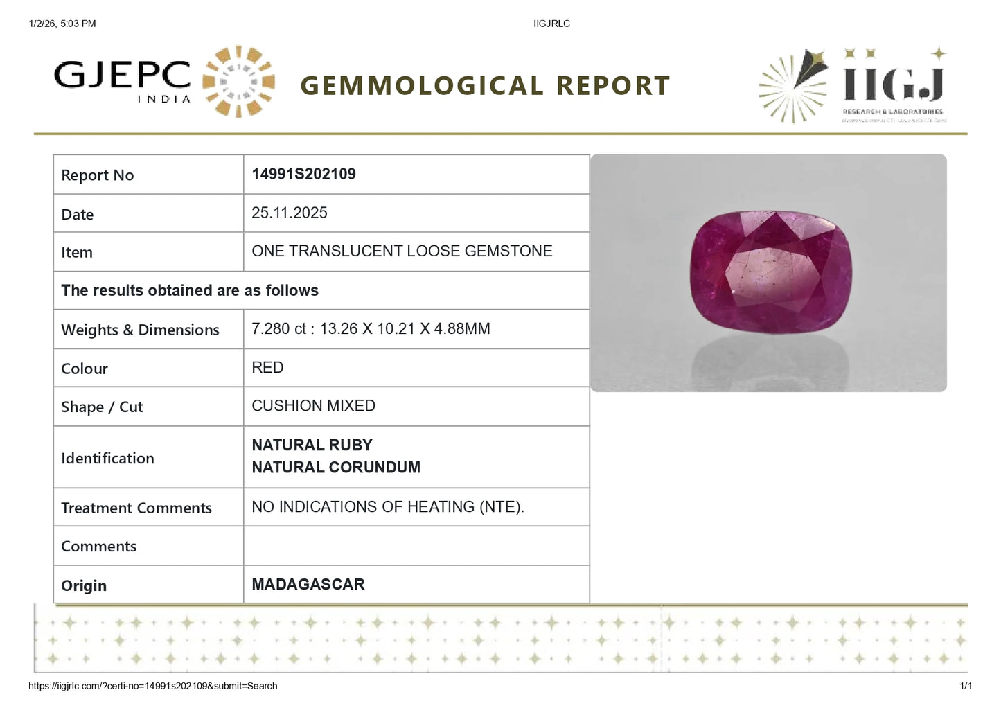 Natural Madagascar Ruby (Manik) 7.28 Carats