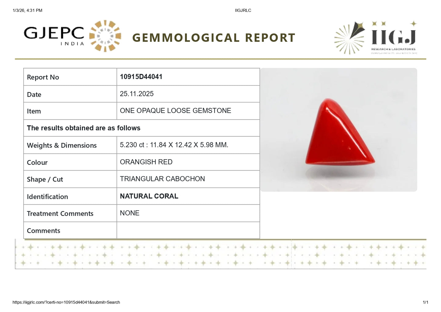 Natural Italian Red Coral (Moonga) 5.23 Carats