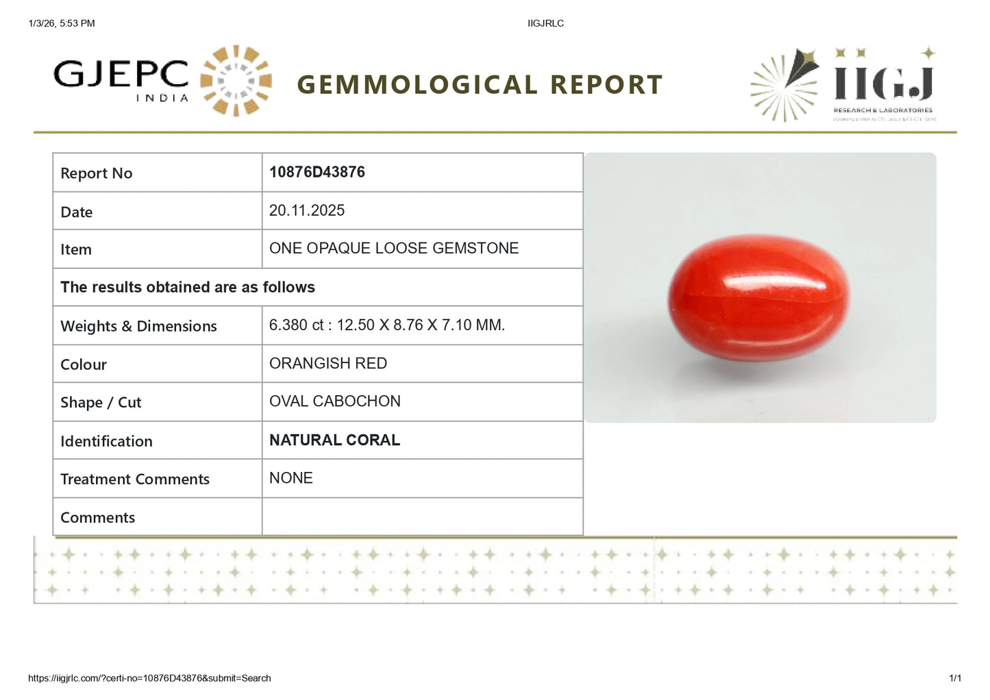 Natural Italian Red Coral (Moonga) 6.38 Carats