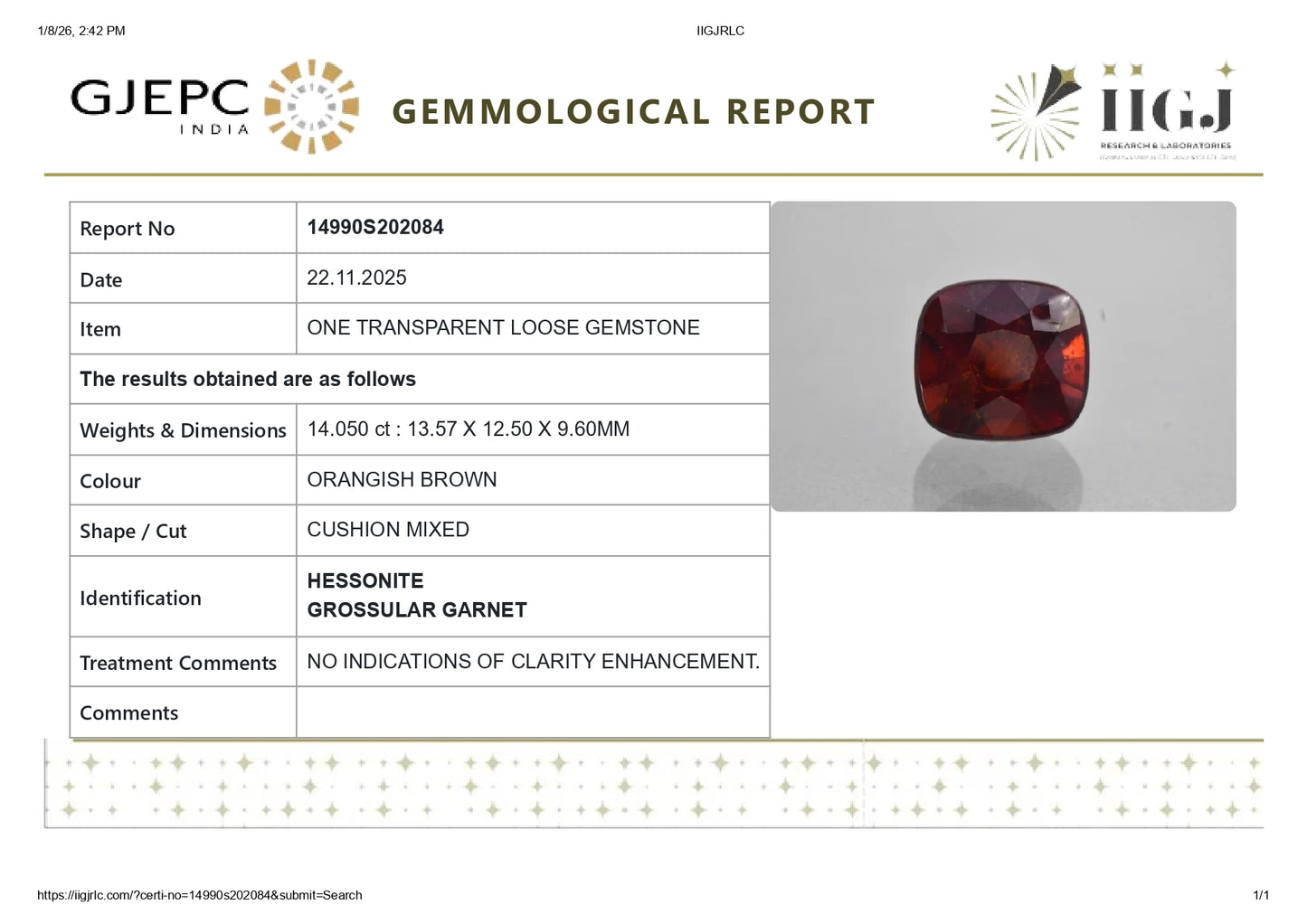 Natural Sri-Lankan Hessonite (Gomed) 14.05 Carats