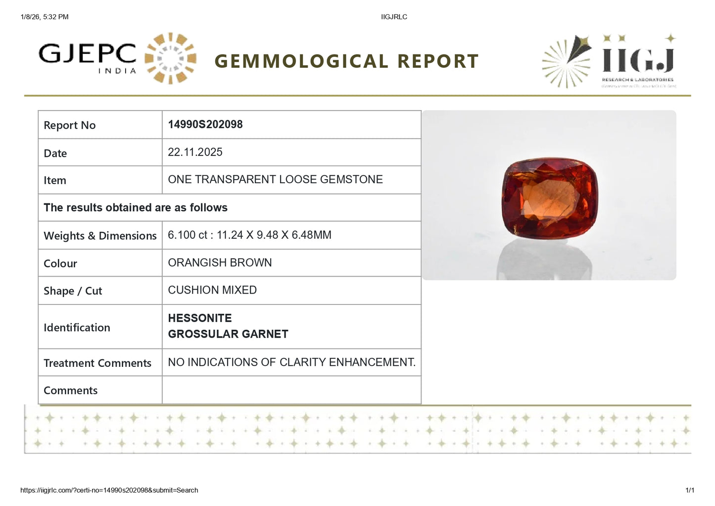 Natural Sri-Lankan Hessonite (Gomed) 6.10 Carats