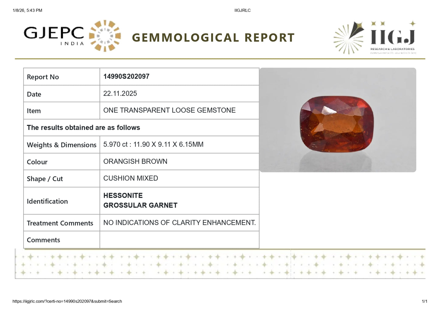 Natural Sri-Lankan Hessonite (Gomed) 5.97 Carats