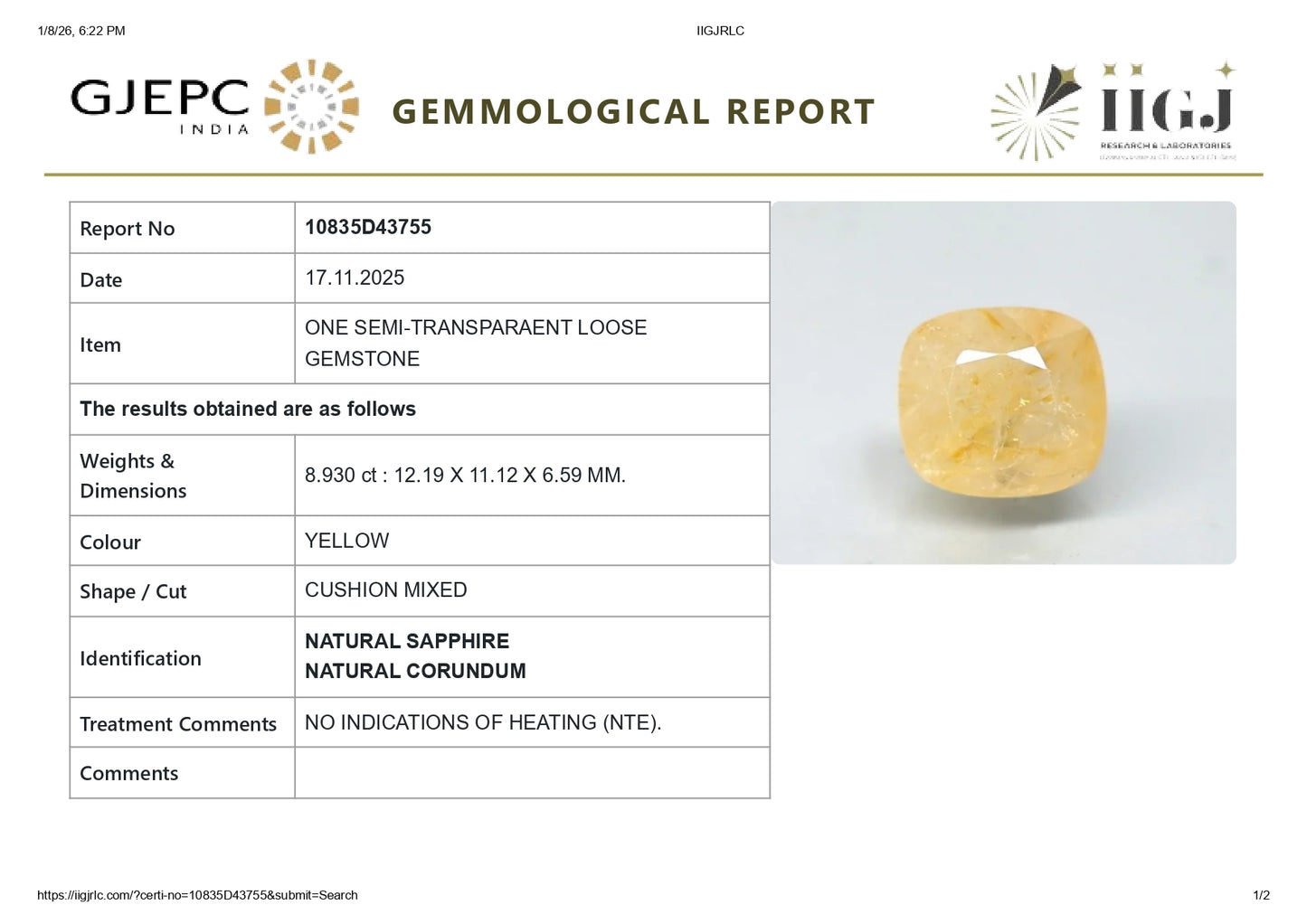 Natural Yellow Sapphire (Pukhraj) 8.93 Carats