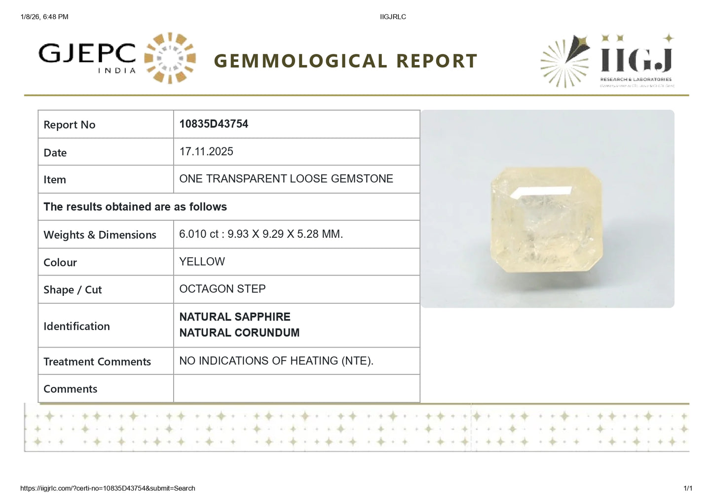 NATURAL YELLOW SAPPHIRE (PUKHRAJ) 6.01 CARATS