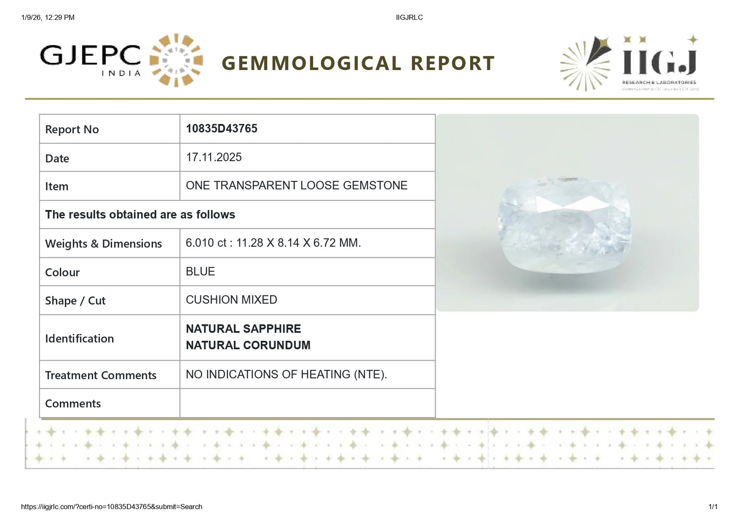 Natural Blue Sapphire (Neelam) 6.01 Carats
