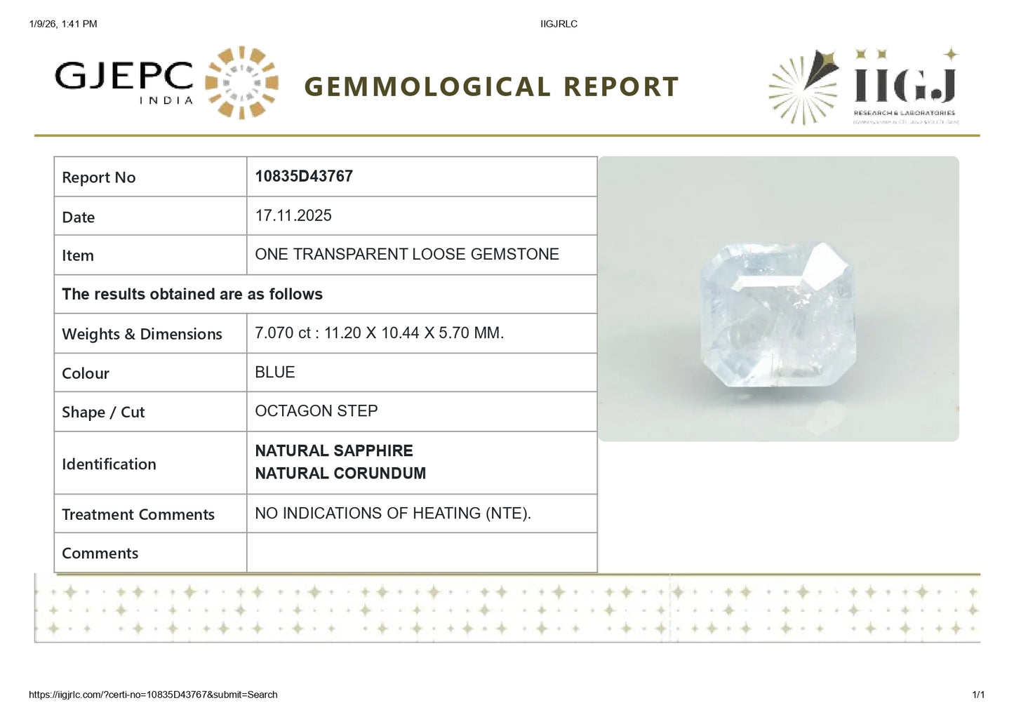 Natural Blue Sapphire (Neelam) 7.07 Carats