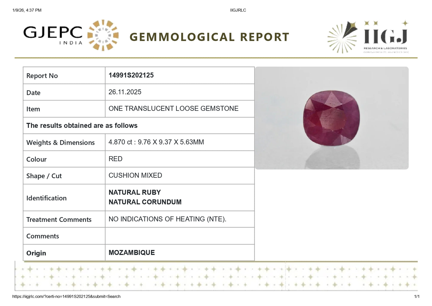 Natural Mozambique Ruby (Manik) 4.87 Carats