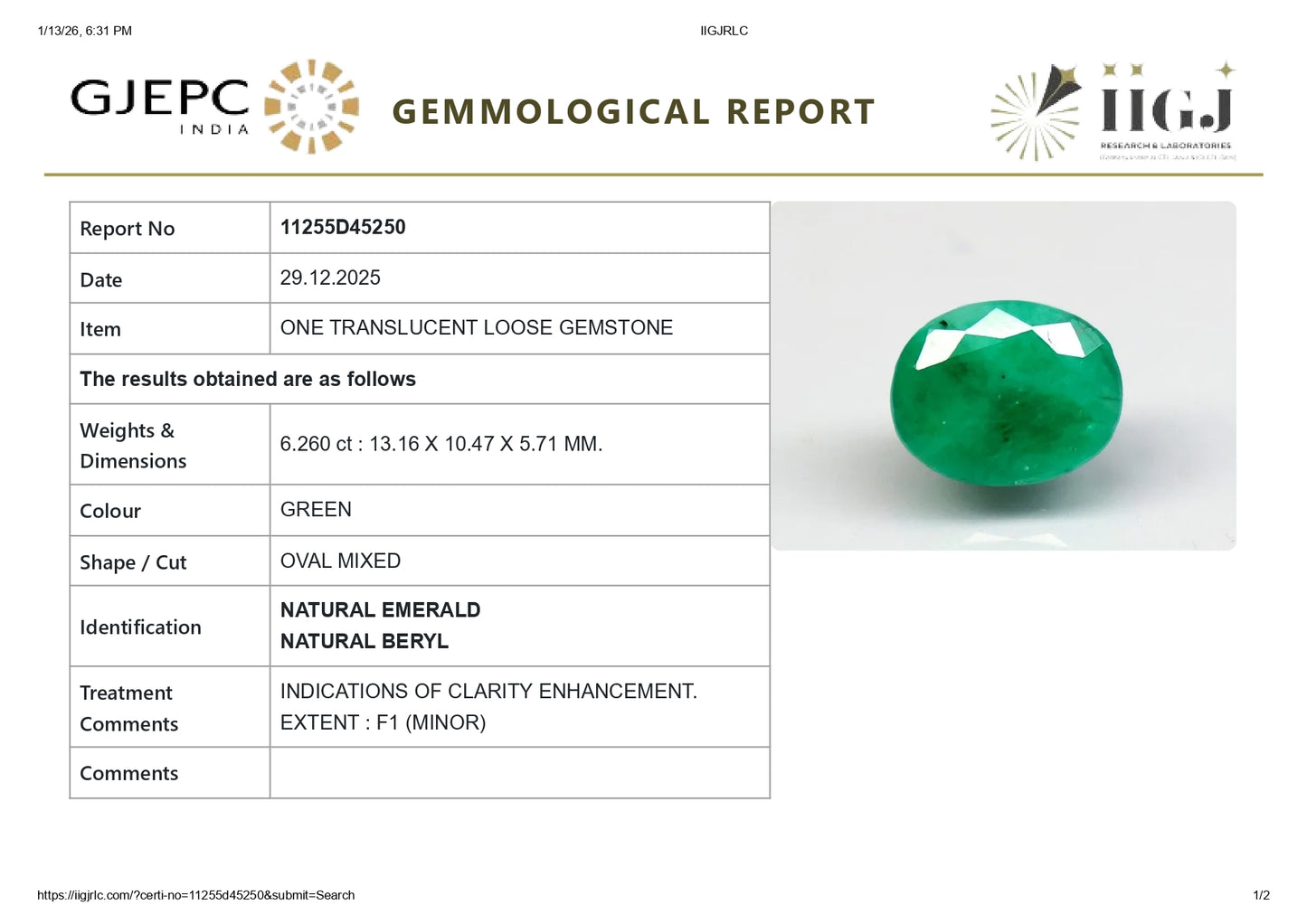 Natural Zambian Emerald (Panna) 6.26 Carats