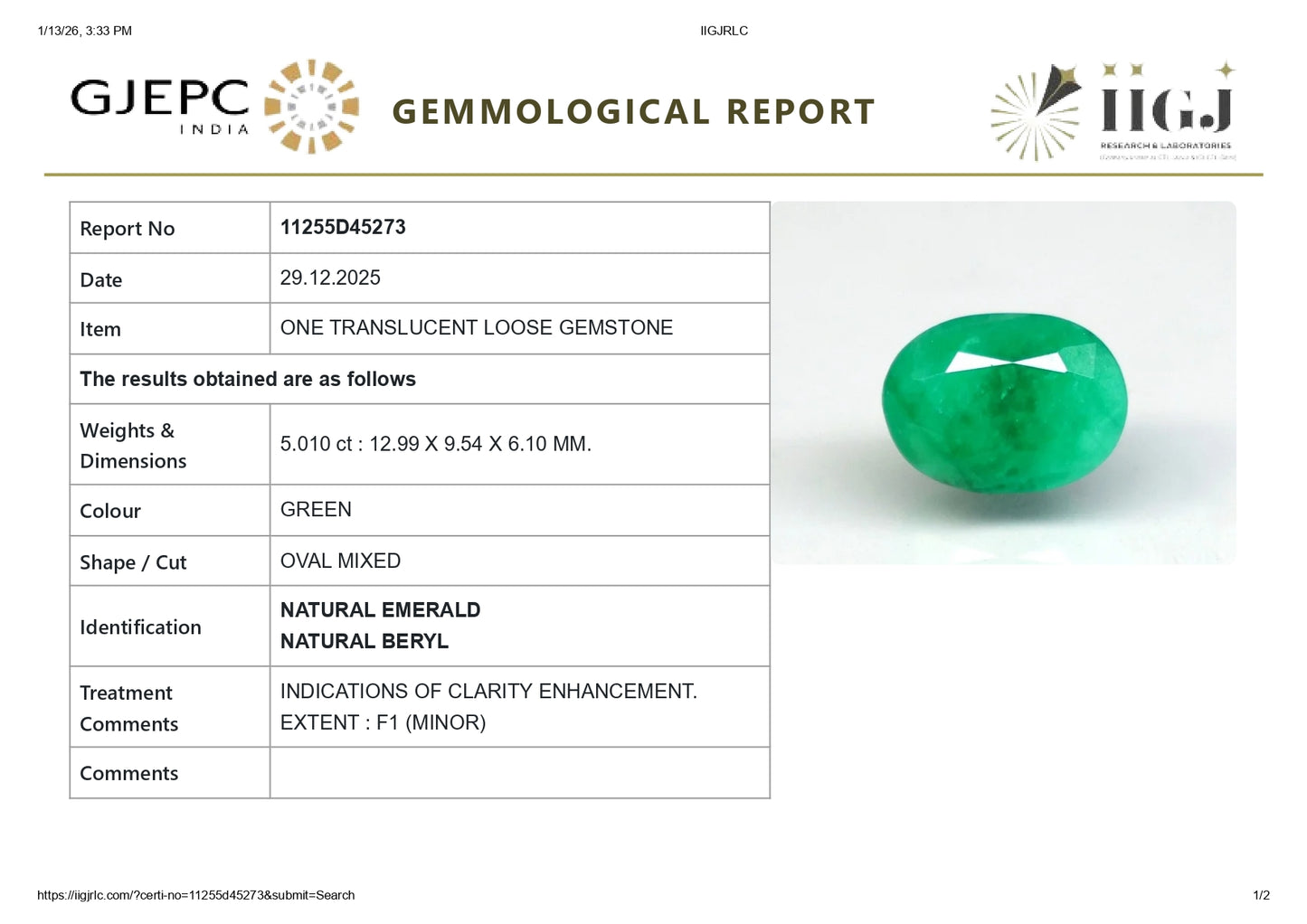 Natural Zambian Emerald (Panna) 5.01 Carats