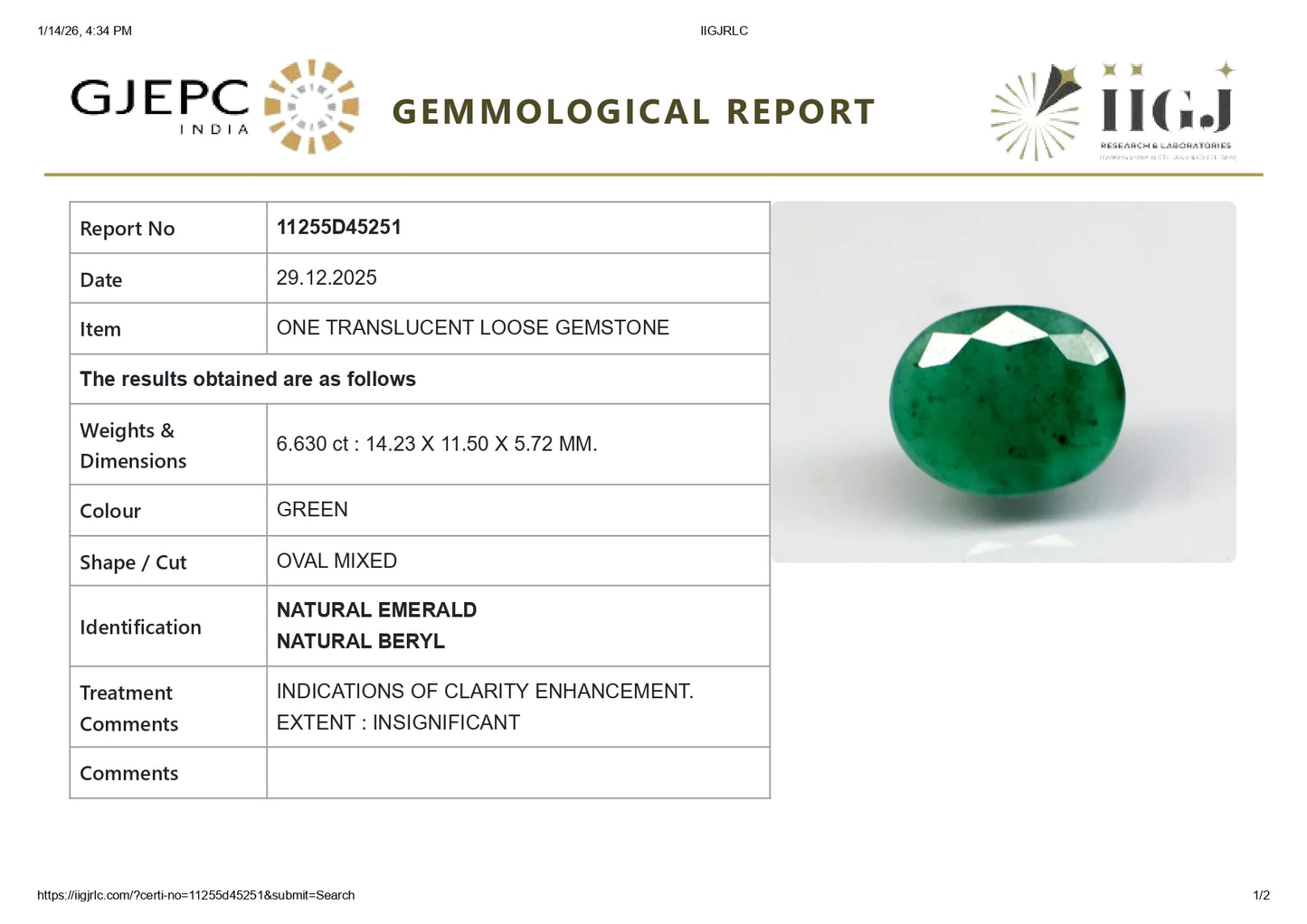 Natural Zambian Emerald (Panna) 6.63 Carats