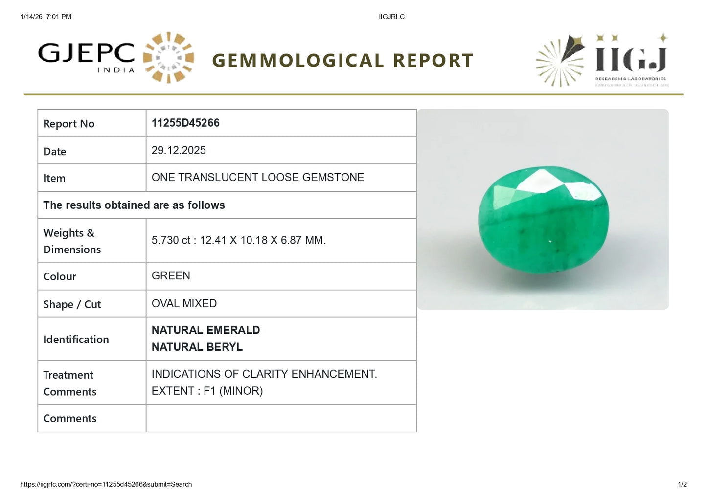 Natural Zambian Emerald (Panna)5.73 Carats