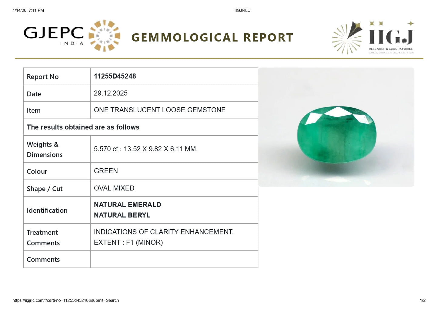 Natural Zambian Emerald (Panna) 5.57 Carats