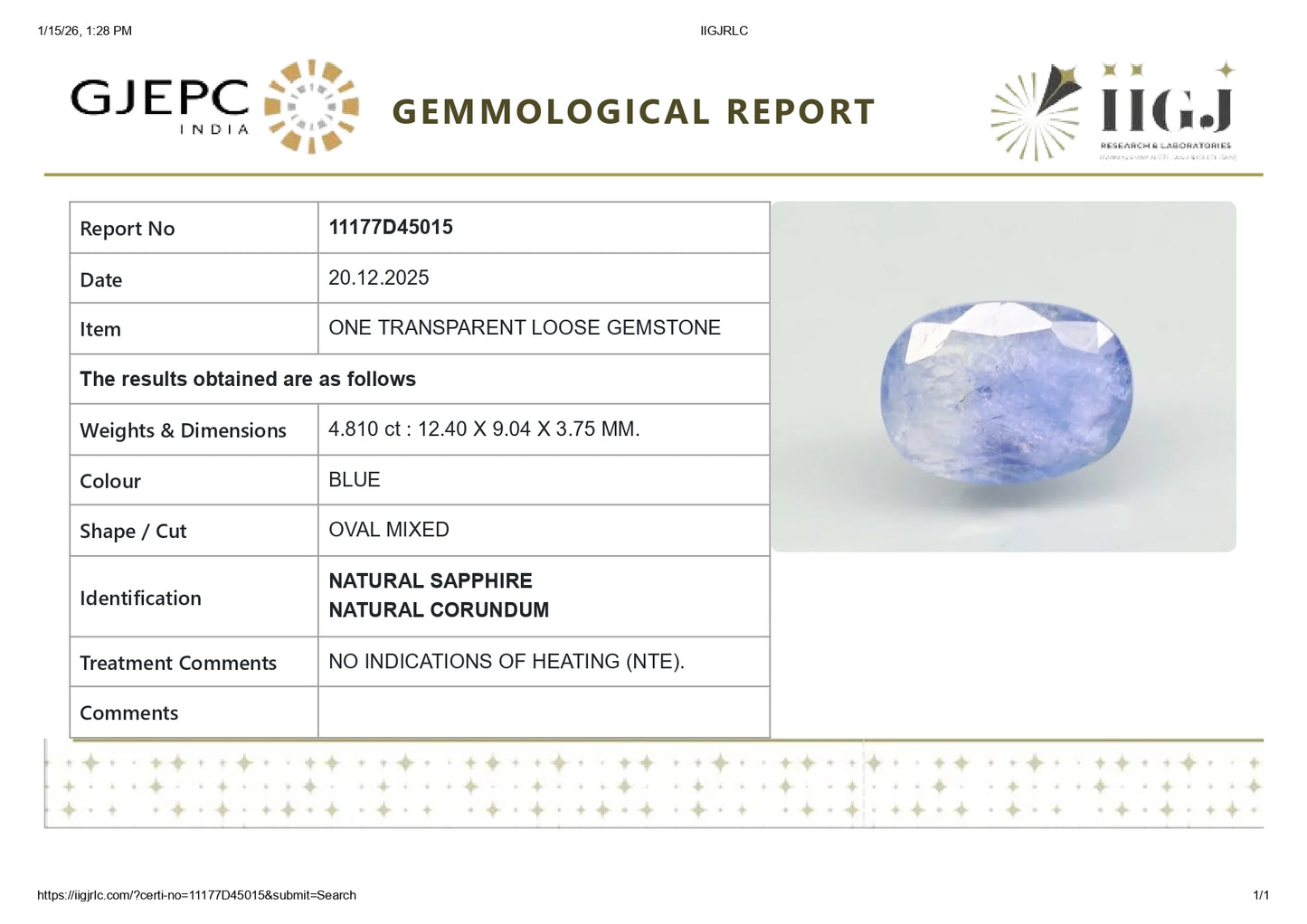 Natural Blue Sapphire (Neelam) 4.81 Carats