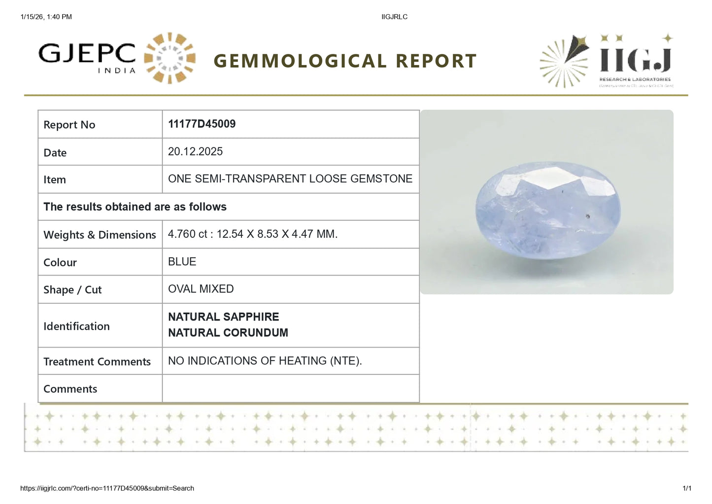 Natural Blue Sapphire (Neelam) 4.76 Carats