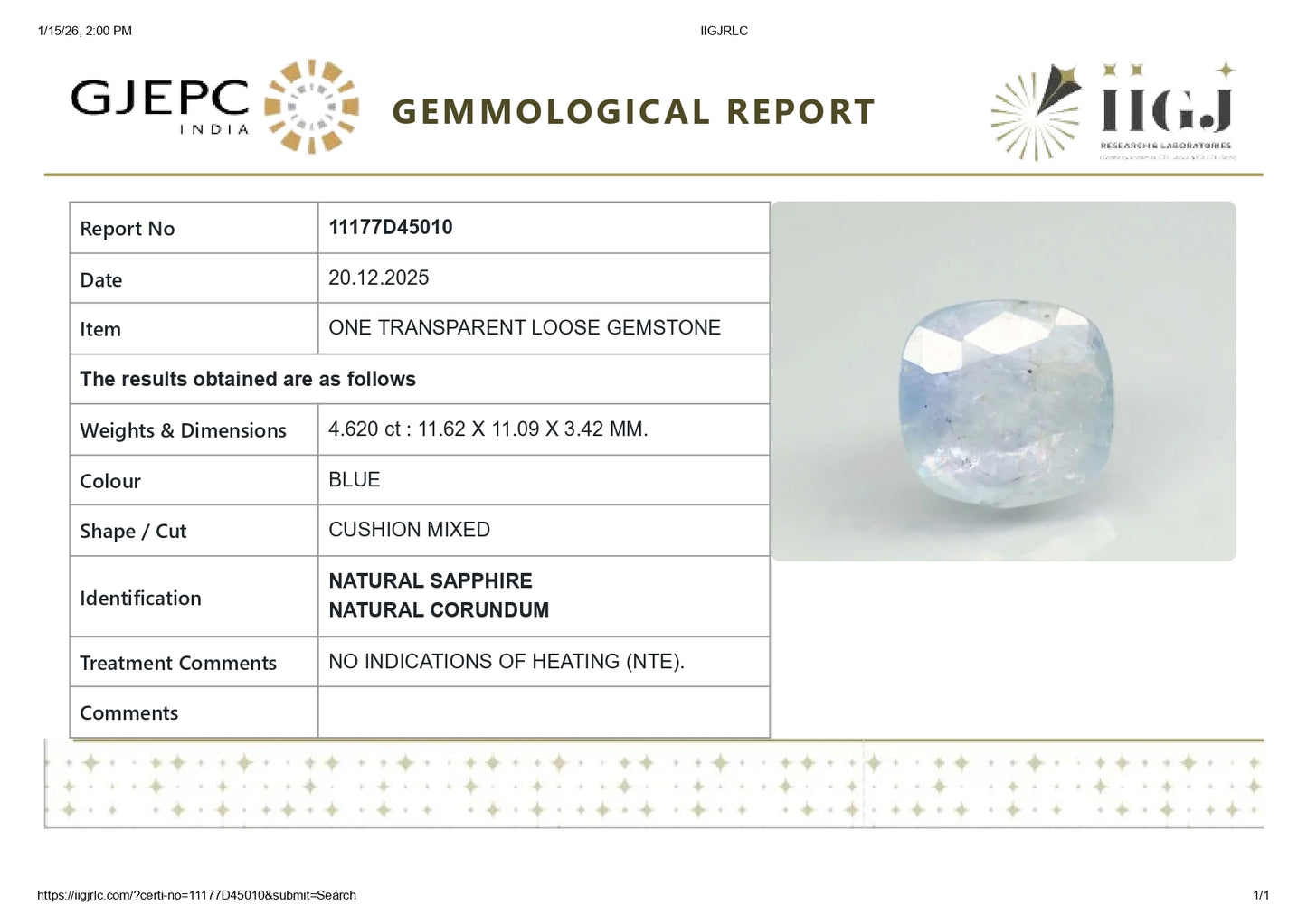 Natural Blue Sapphire (Neelam) 4.62 Carats