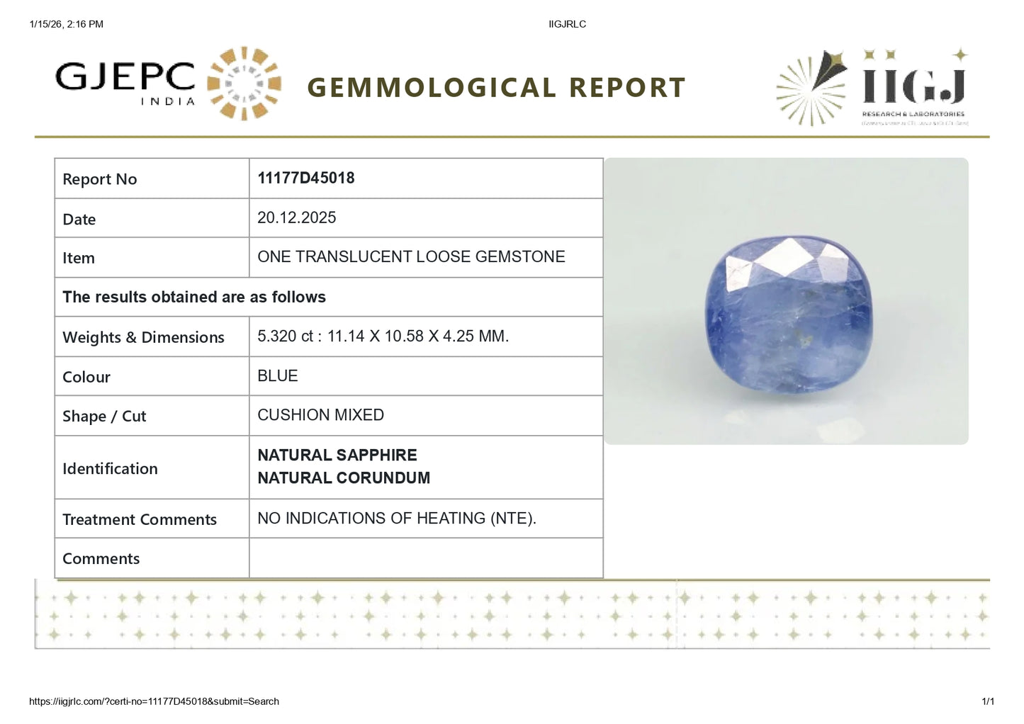 Natural Blue Sapphire (Neelam) 5.32 Carats