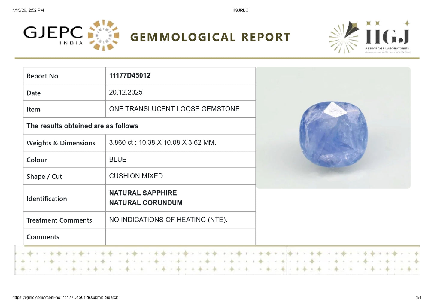 Natural Blue Sapphire (Neelam) 3.86 Carats
