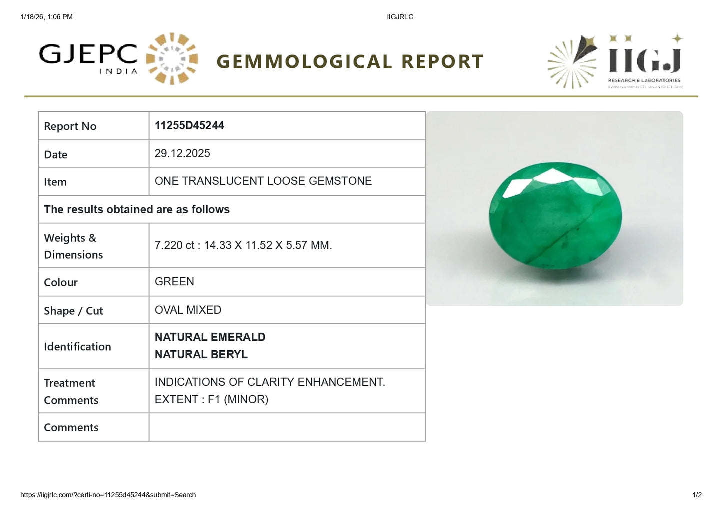 Natural Zambian Emerald (Panna) 7.22 Carats