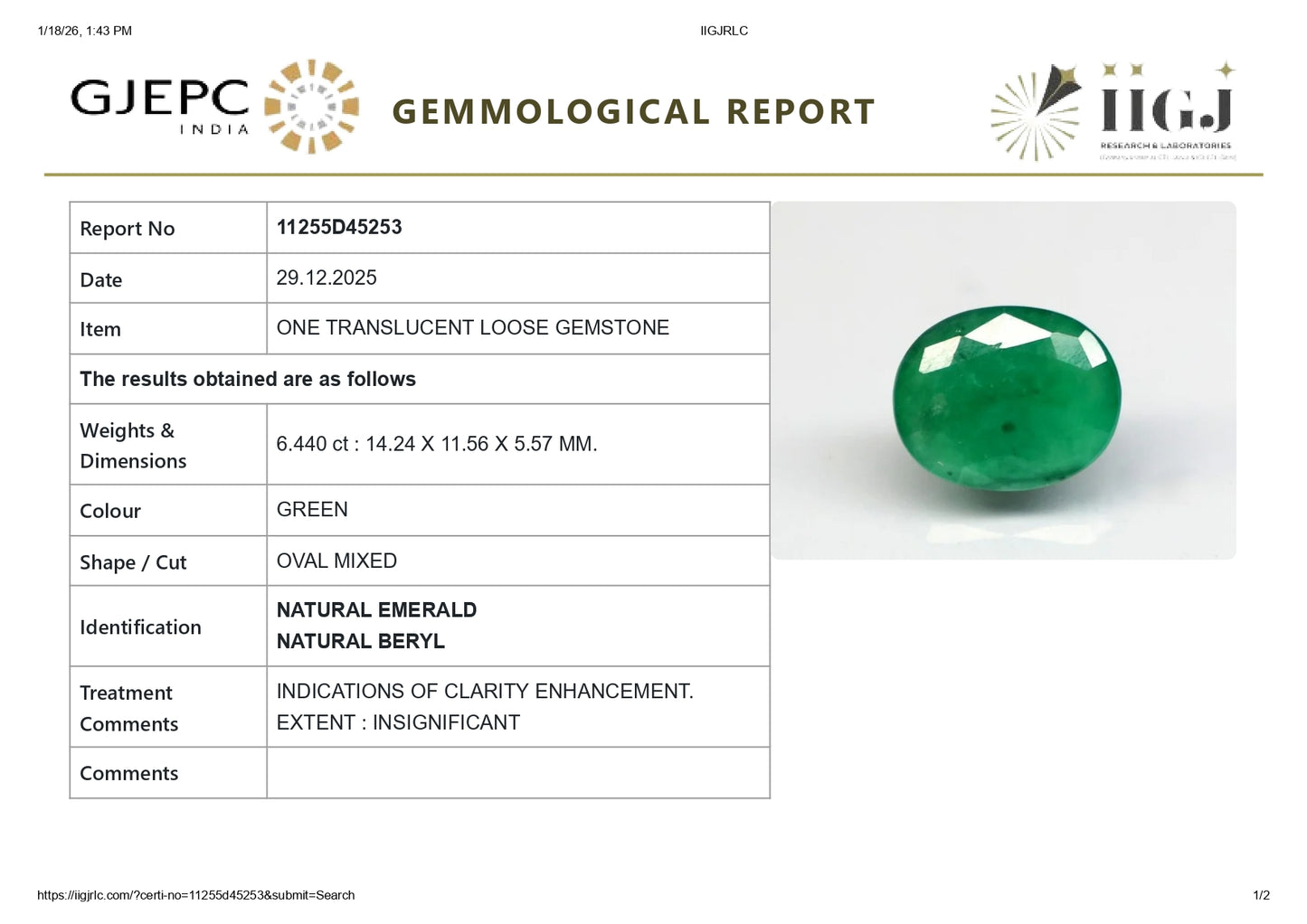 Natural Zambian Emerald (Panna) 6.44 Carats
