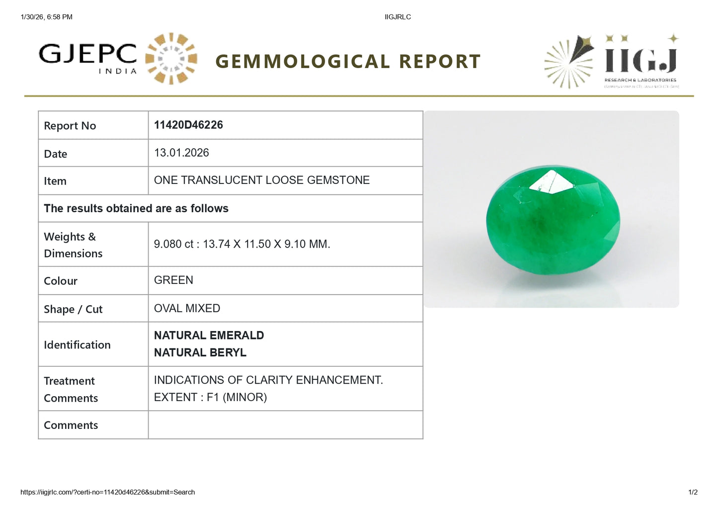 Natural Zambian Emerald (Panna) 9.08 Carats