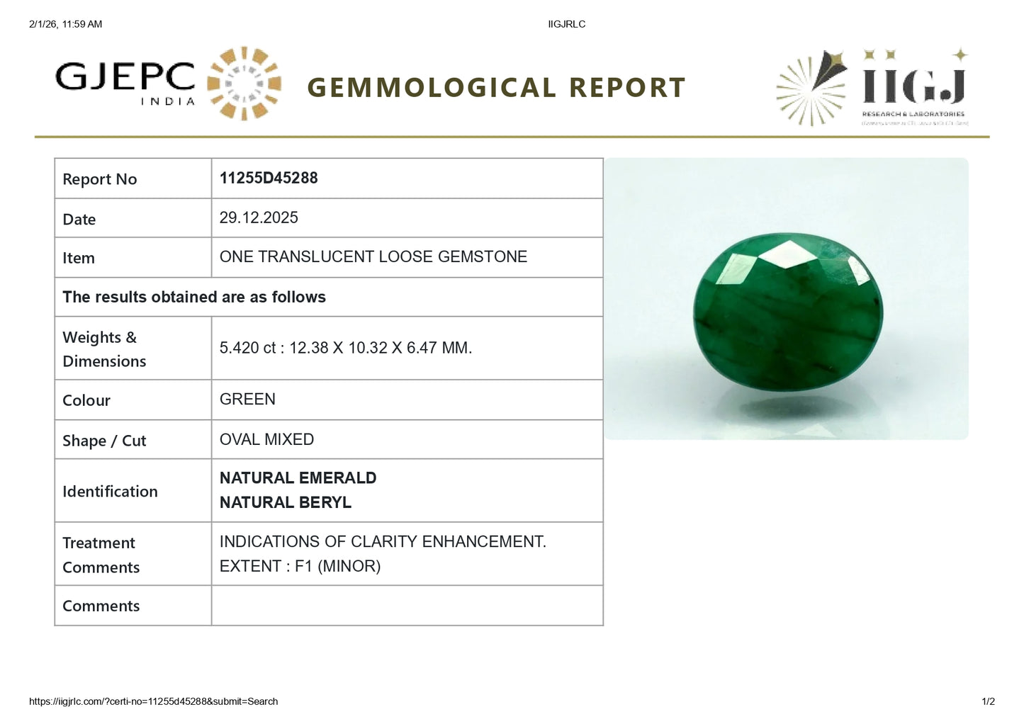 Natural Zambian Emerald (Panna) 5.42 Carats