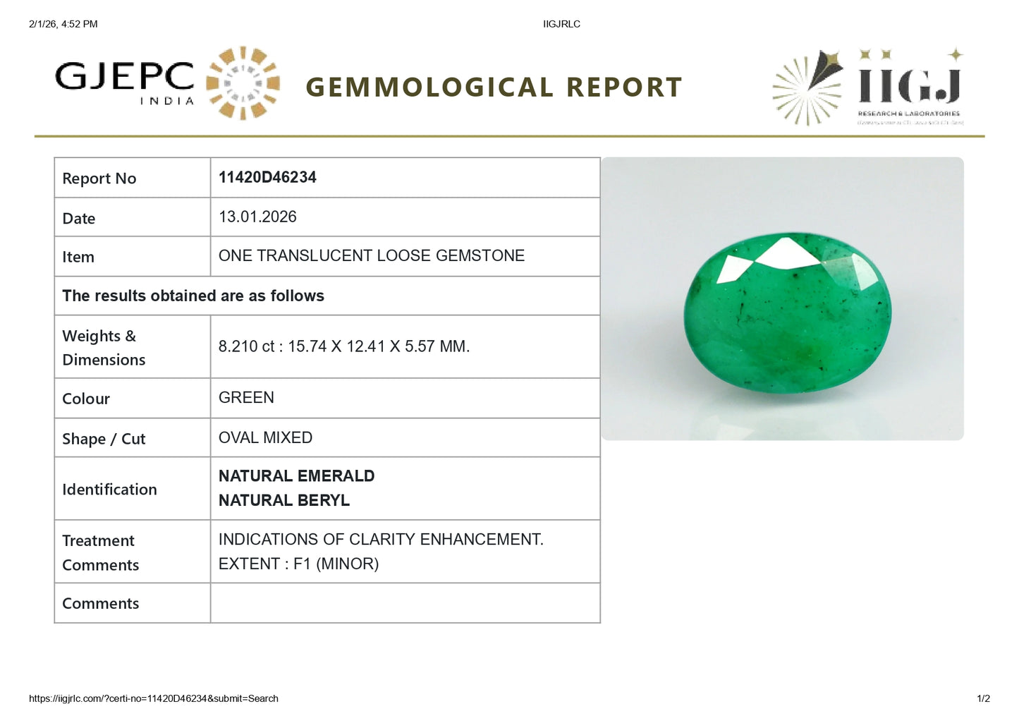 Natural Zambian Emerald (Panna) 8.21 Carats