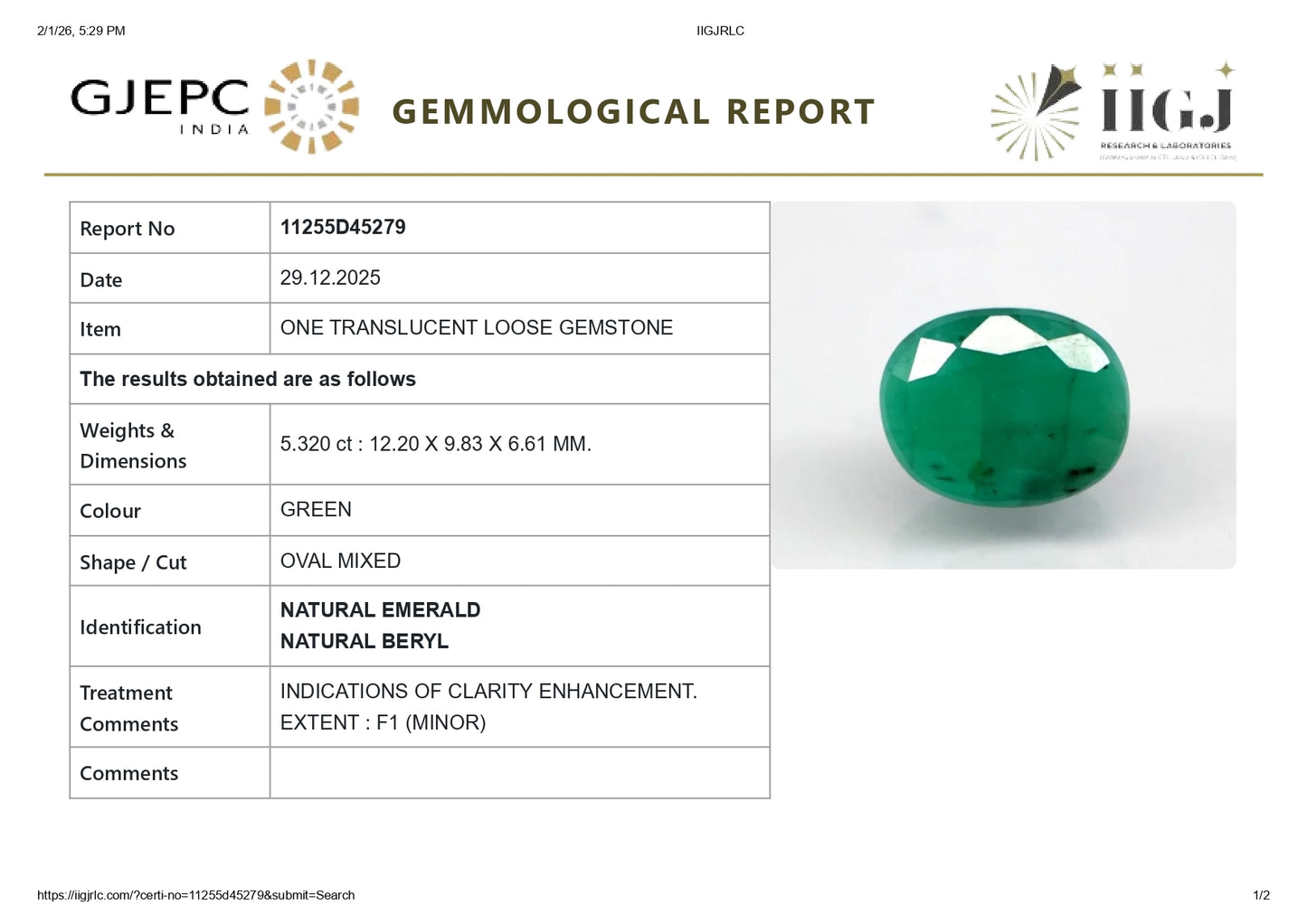 Natural Zambian Emerald (Panna) 5.32 Carats